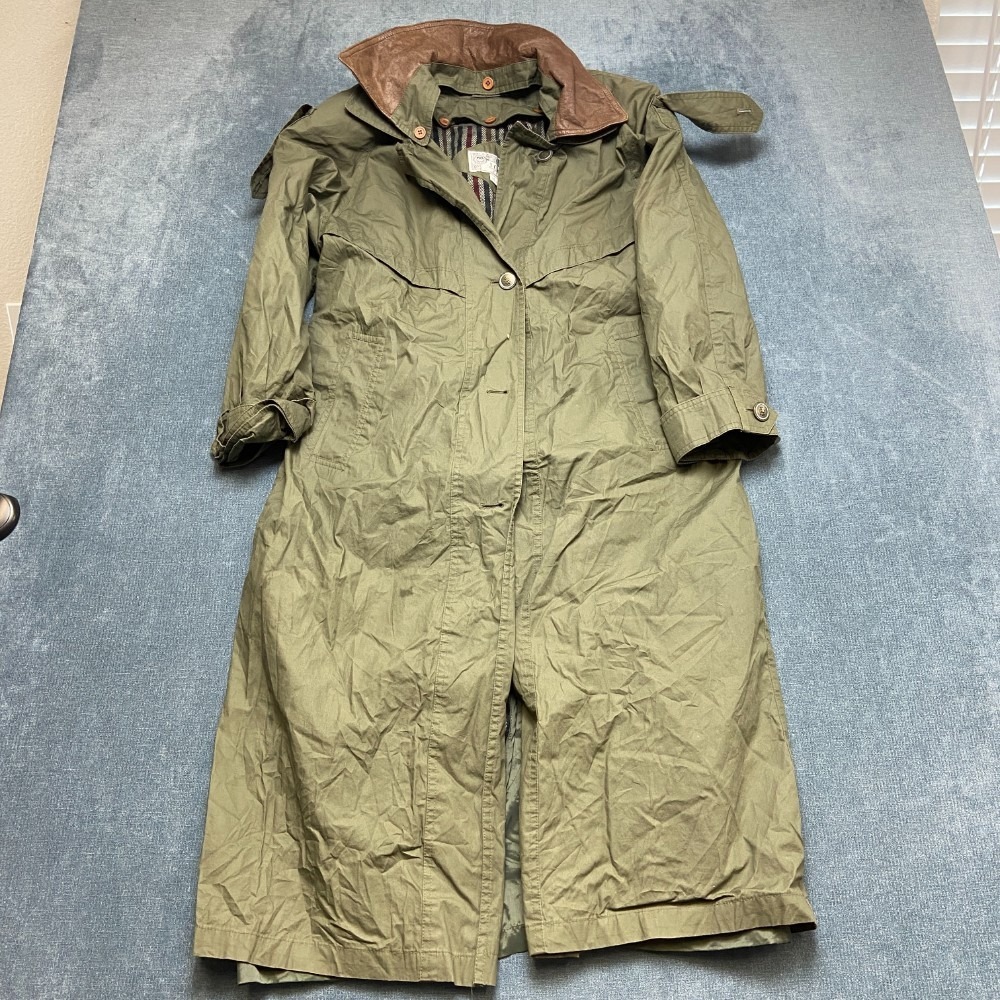 Vintage J. Gallery Trench Coat Womens 6P Olive Green Leather Collar Button Front